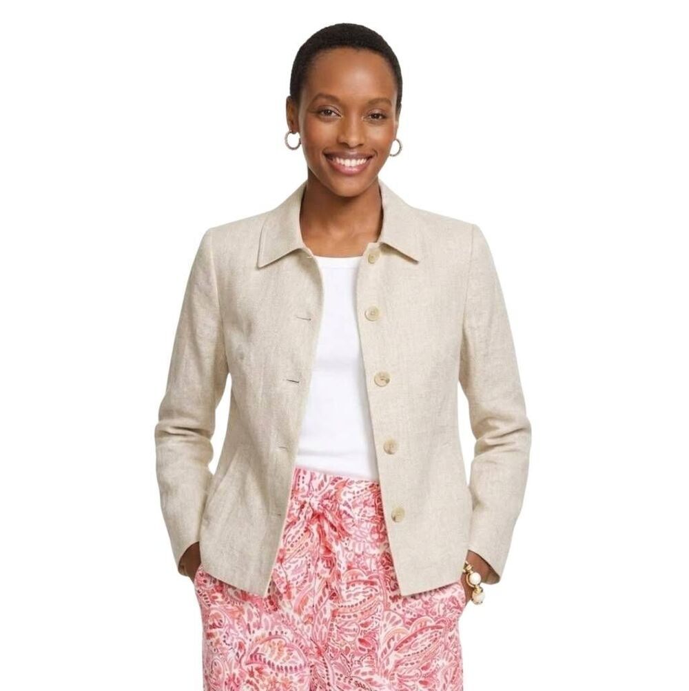 Talbots Oatmeal Irish Linen Button Front Jacket Blazer Lined Size 8 EUC